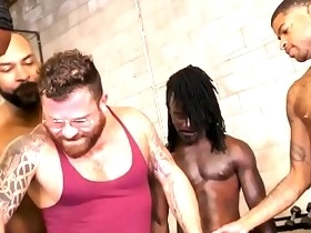 Interracial gay gangbang in the private gym